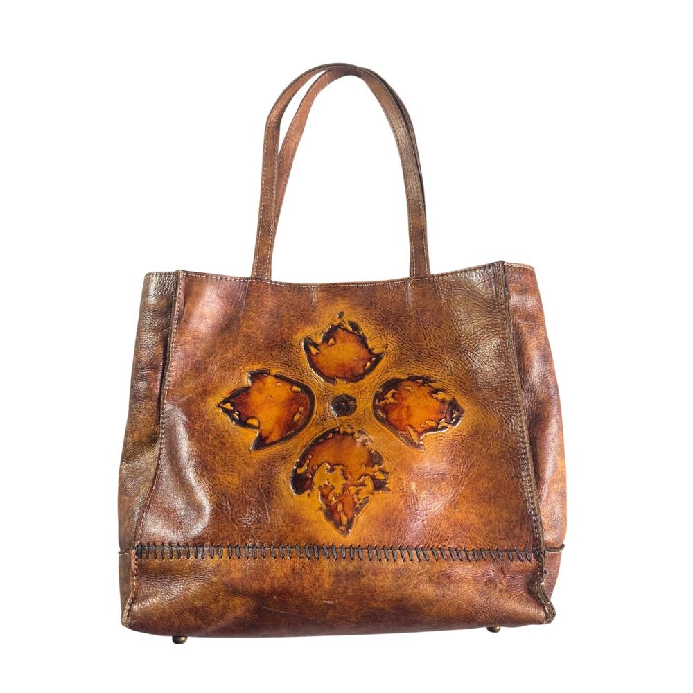 Patricia Nash Italian Leather Tote Brown Leaf Applique Western Boho Distressed
